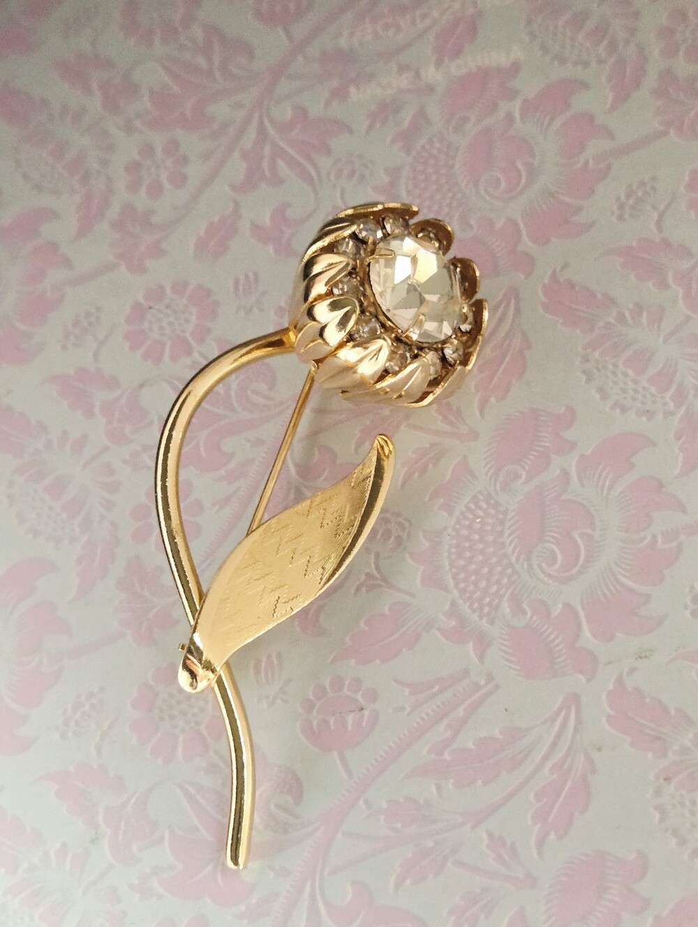 Vintage Gold-Tone Floral Brooch with Clear Crystal - Picture 8 of 17